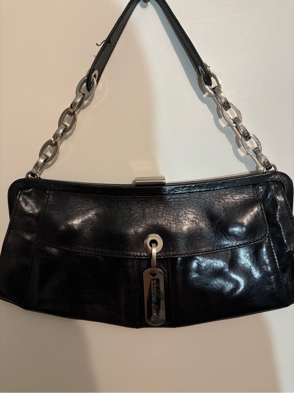 Charles David Black Leather Shoulder Bag with Chain Handle